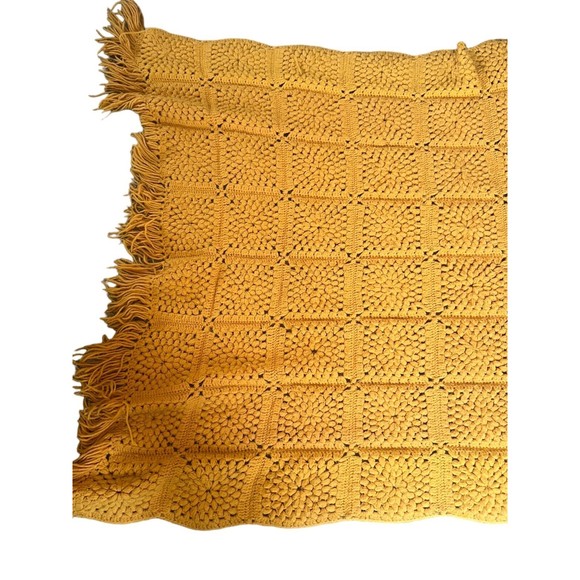 Mustard Crocheted Afghan Granny Square Fringe Retro Throw Blanket 69x46 Handmade - Picture 9 of 14